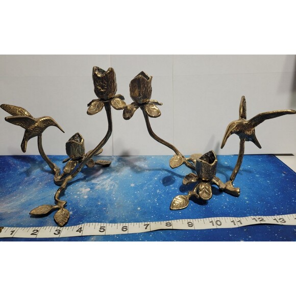 Pair of Vintage Brass Roses and Hummingbird Candle Holder Decor